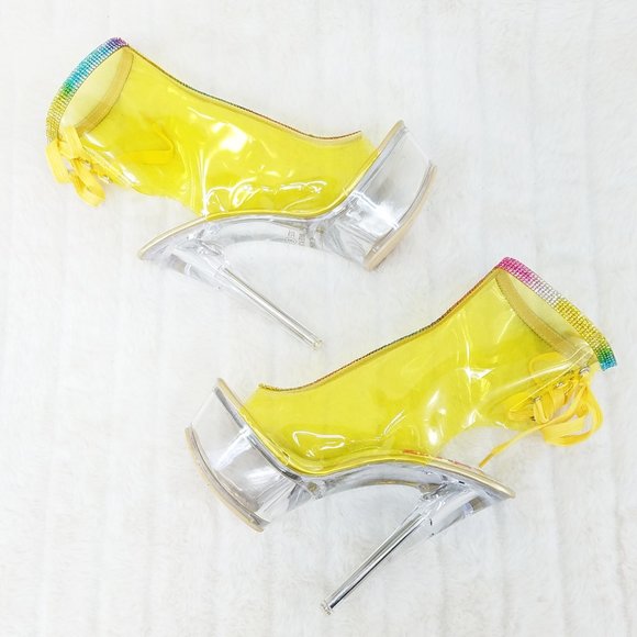 Yellow Clear Platform Heels Shoes Rhinestone Trim Golden Bulls - Picture 5 of 14